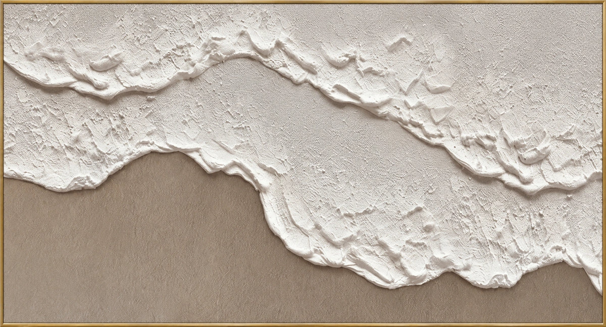 Raised Surf Line | Hand-Painted Coastal Abstract Oil Painting | Complete artwork front view with narrow champagne gold fine frame