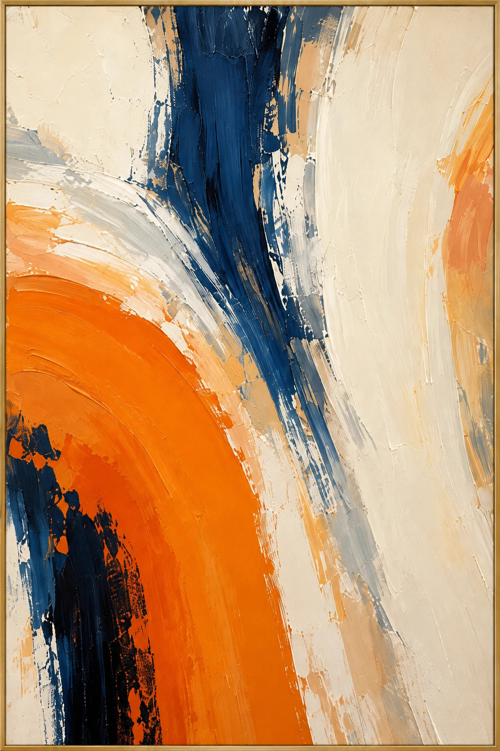 Orange Arc | Hand-Painted Abstract Oil Painting | Complete artwork front view with narrow champagne gold fine frame