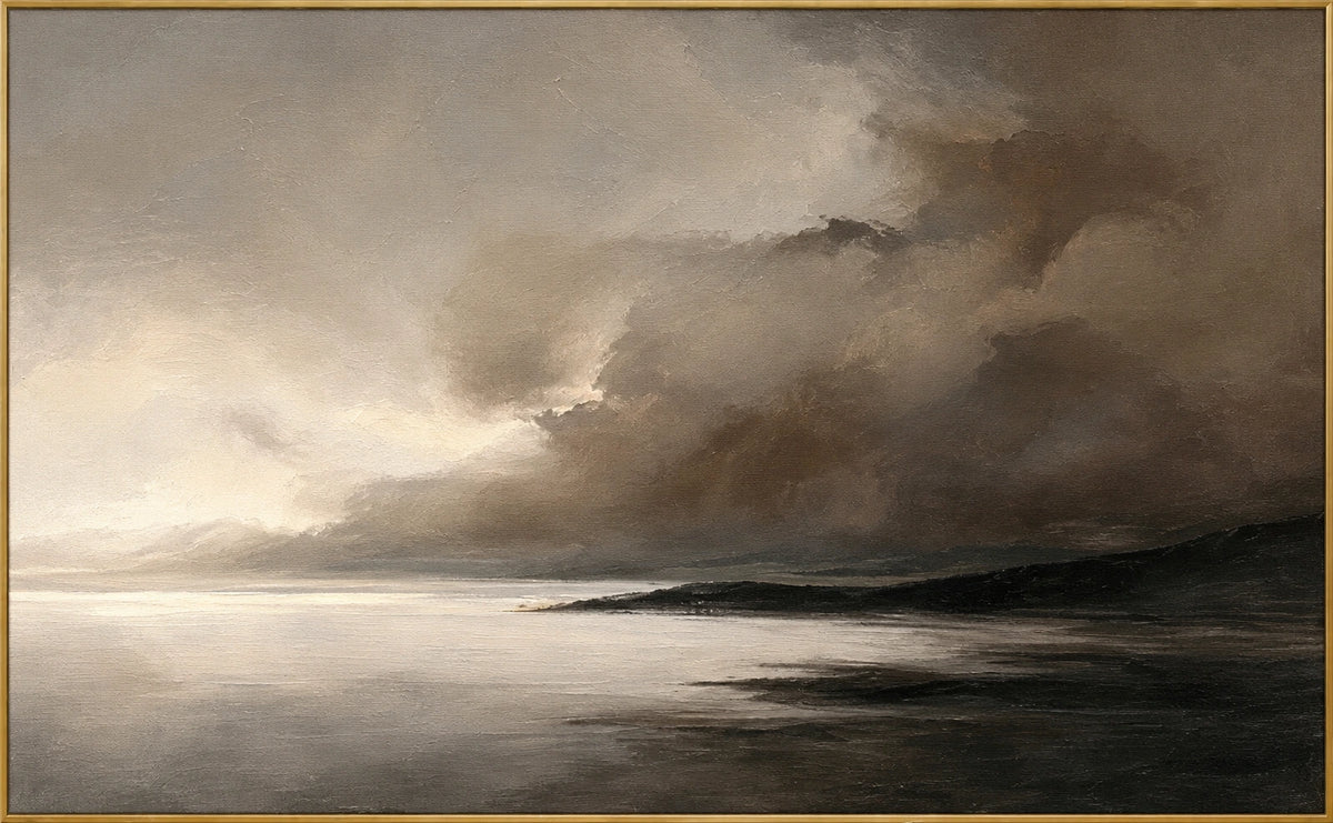 Stormlit Shore | Hand-Painted Seascape Oil Painting | Complete artwork front view with narrow champagne gold fine frame