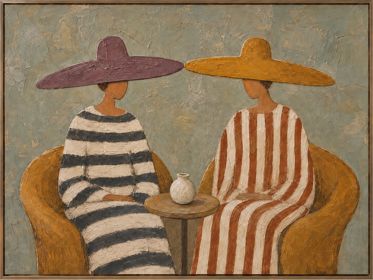 Striped Conversation | Complete painting, narrow champagne bronze-gold frame, front view, corrected outer edge