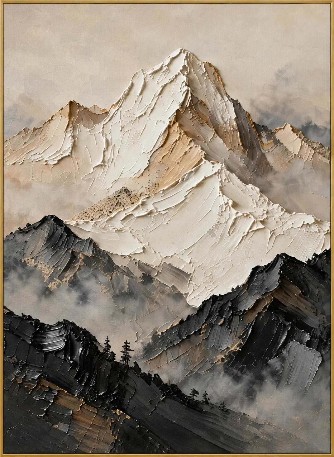 Summit Veil | Hand-Painted Mountain Landscape Oil Painting | Complete artwork front view with narrow champagne gold fine frame