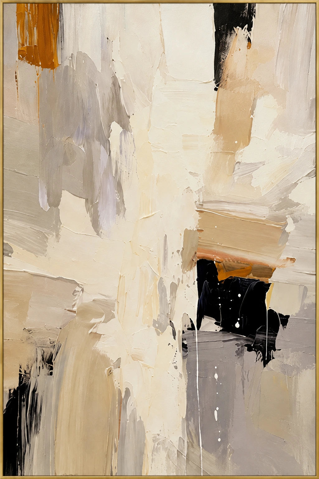 Sunlit Abstraction | Hand-Painted Abstract Oil Painting | Complete artwork front view with narrow champagne gold fine frame