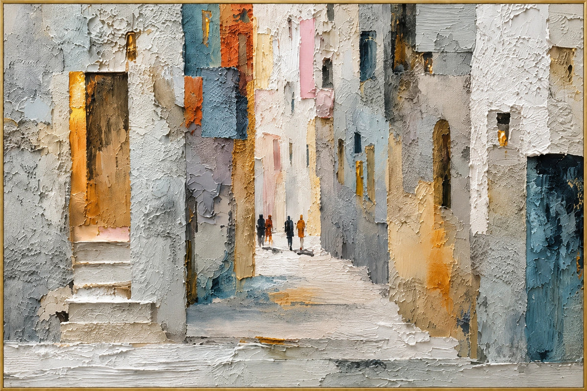 Rust Passage | Hand-Painted Architectural Abstract Oil Painting | Complete artwork front view with narrow champagne gold fine frame