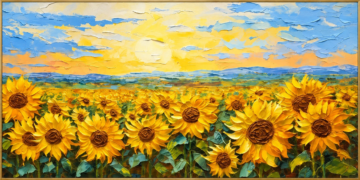 Sunflower Field | Hand-Painted Sunflower Landscape Oil Painting | Complete artwork front view with narrow champagne gold fine frame