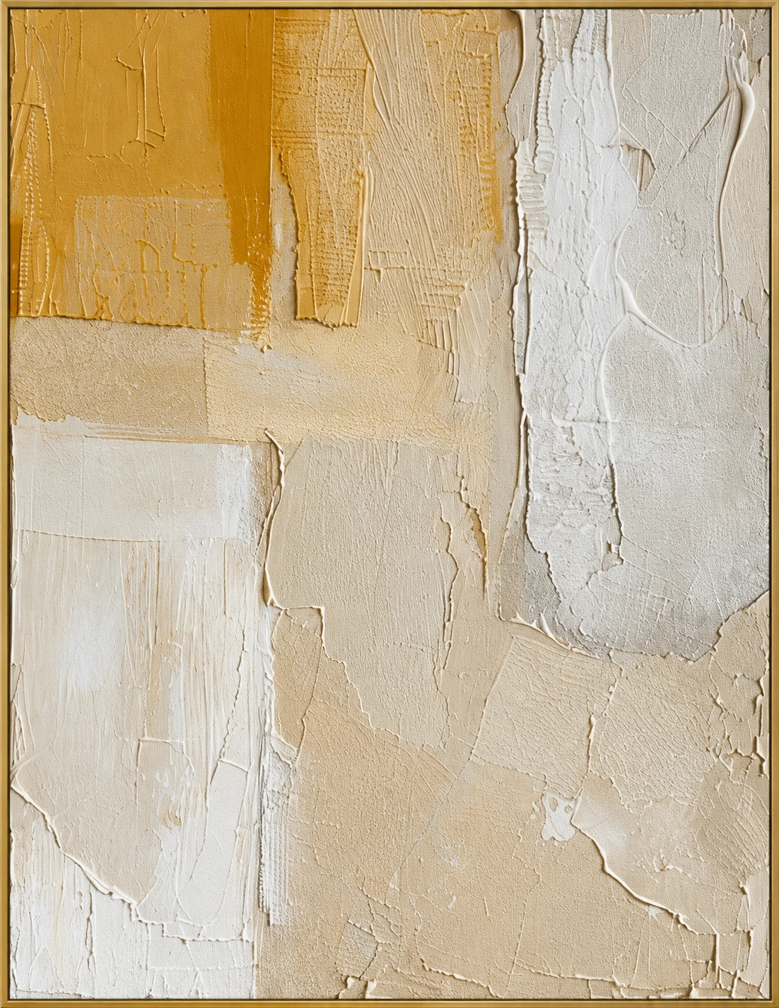 Sunlit Texture | Hand-Painted Abstract Oil Painting | Complete artwork front view with narrow champagne gold fine frame