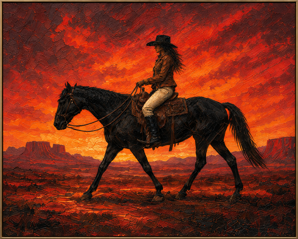 Sunset Rider | Hand-Painted Horse and Rider Oil Painting | Complete painting, narrow champagne bronze-gold frame, front view