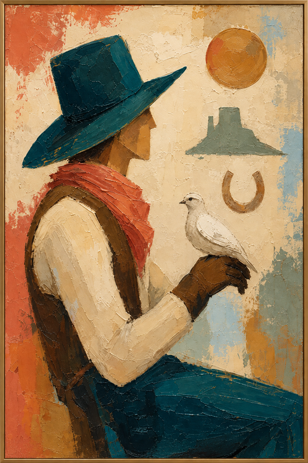 Sun and Moon | Hand-Painted Cowgirl Portrait Oil Painting | Complete painting, narrow champagne bronze-gold frame, front view