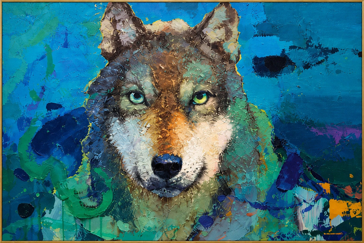 Wolf in Teal | Hand-Painted Wildlife Oil Painting | Complete artwork front view with narrow champagne gold fine frame