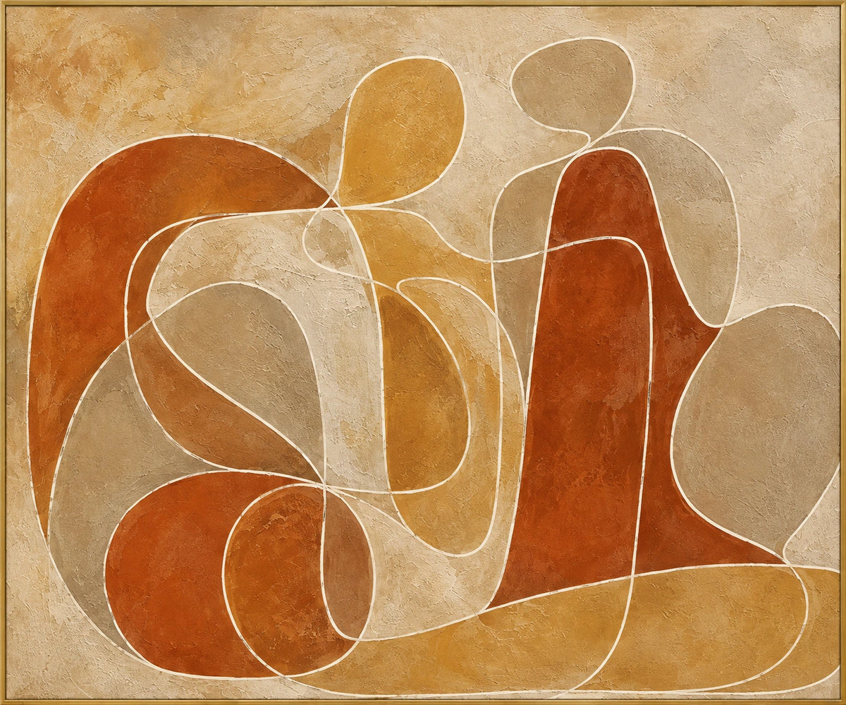 Terracotta Loops | Hand-Painted Abstract Oil Painting | Complete artwork front view with narrow champagne gold fine frame