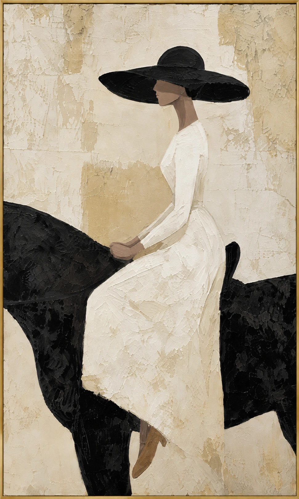 Black Dress Reverie | Hand-Painted Cowgirl Figure Oil Painting | Complete artwork front view with narrow champagne gold fine frame
