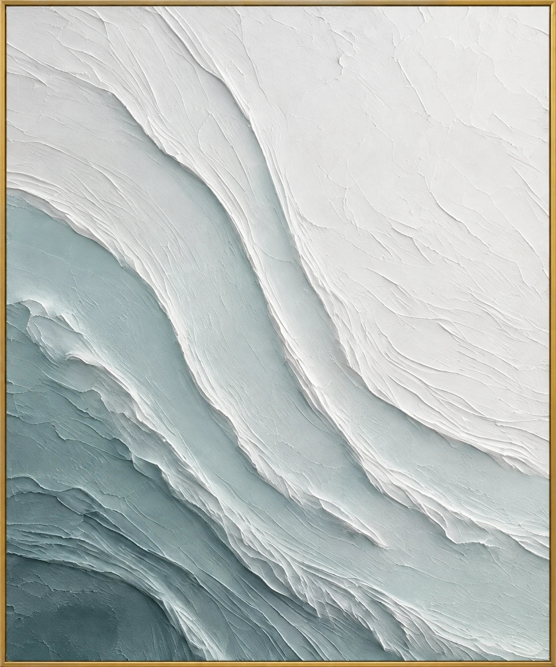 Tidal Calm | Hand-Painted Coastal Abstract Oil Painting | Complete artwork front view with narrow champagne gold fine frame