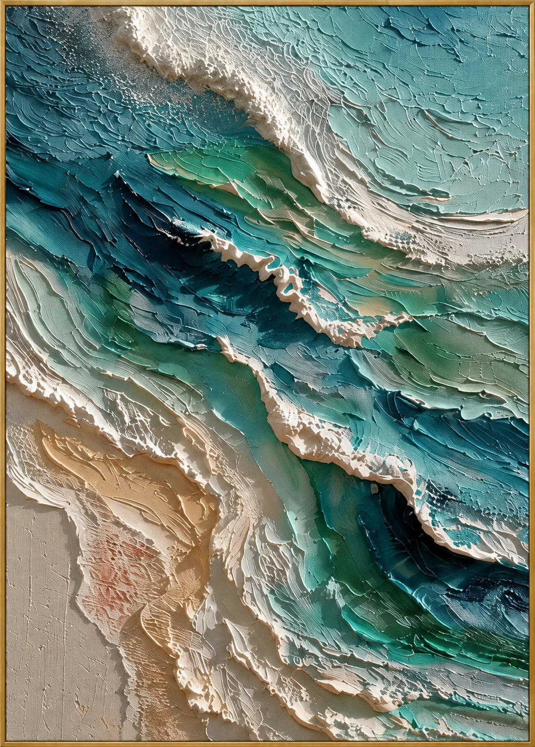 Turquoise Tidal Bands | Hand-Painted Coastal Abstract Oil Painting | Complete artwork front view with narrow champagne gold fine frame