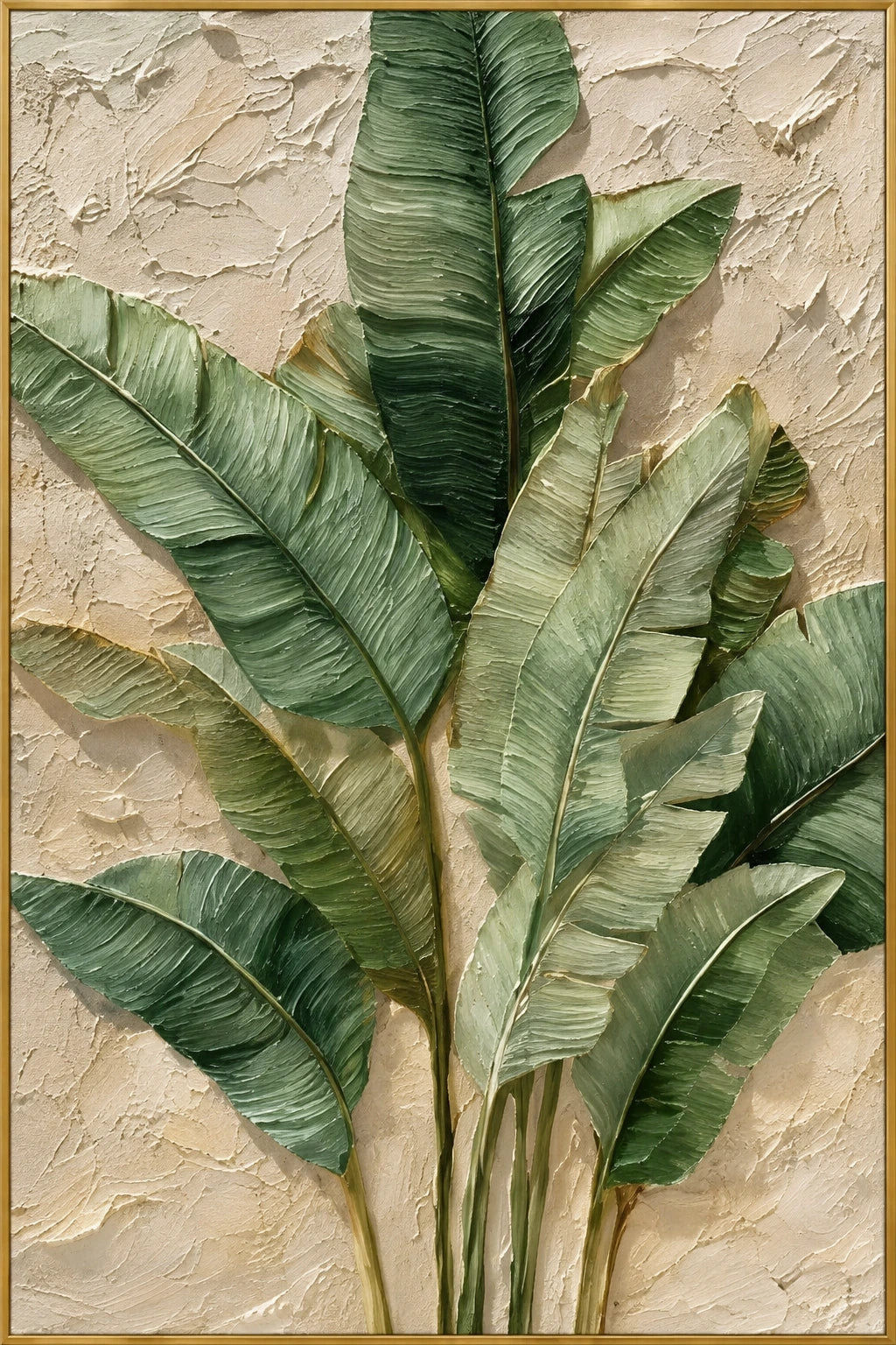 Leaf Shadow | Hand-Painted Botanical Oil Painting | Complete artwork front view with narrow champagne gold fine frame