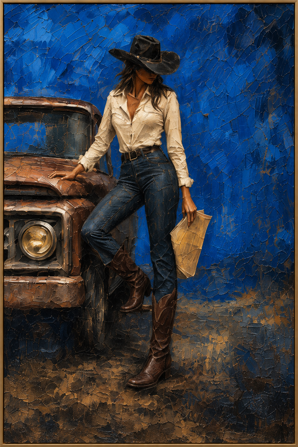 Old Truck Hours | Hand-Painted Cowgirl and Truck Oil Painting | Complete painting, narrow champagne bronze-gold frame, front view