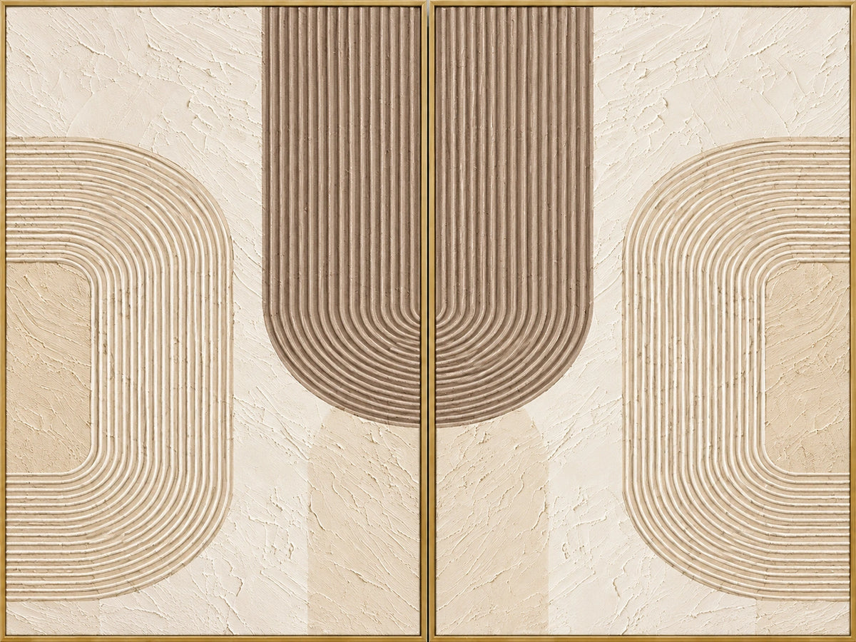 Twin Arches | Hand-Painted Abstract Oil Painting | Complete artwork front view with narrow champagne gold fine frame