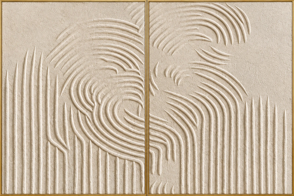 Twin Rhythm | Hand-Painted Abstract Oil Painting | Complete artwork front view with narrow champagne gold fine frame