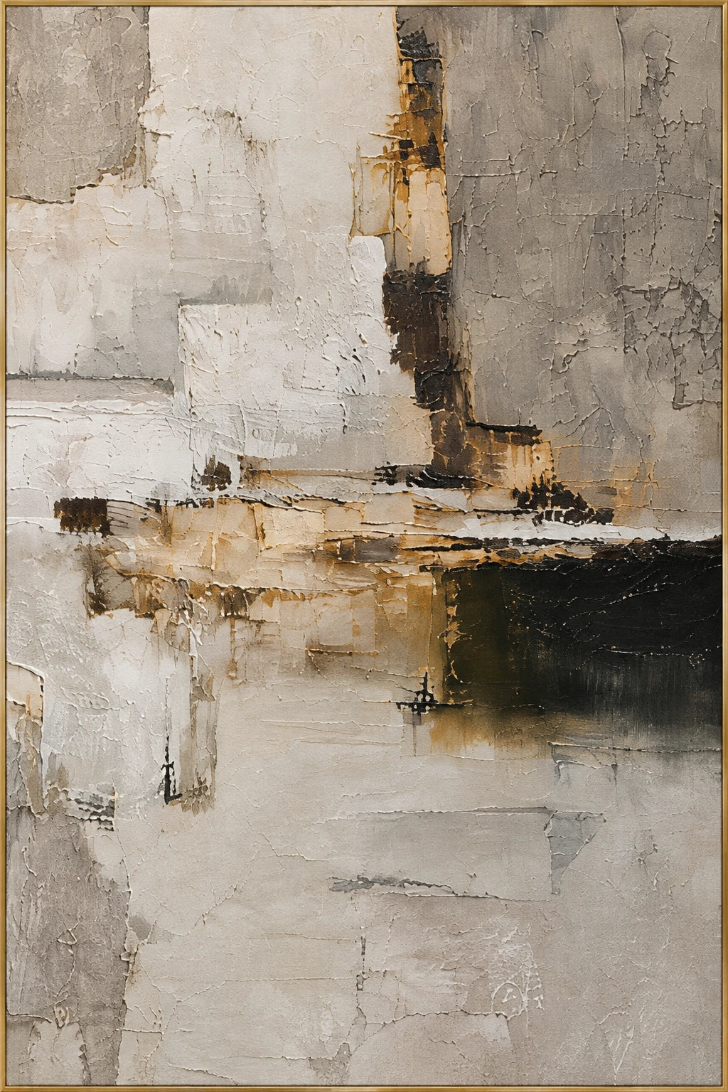 Ochre Divide | Hand-Painted Geometric Abstract Oil Painting | Complete artwork front view with narrow champagne gold fine frame