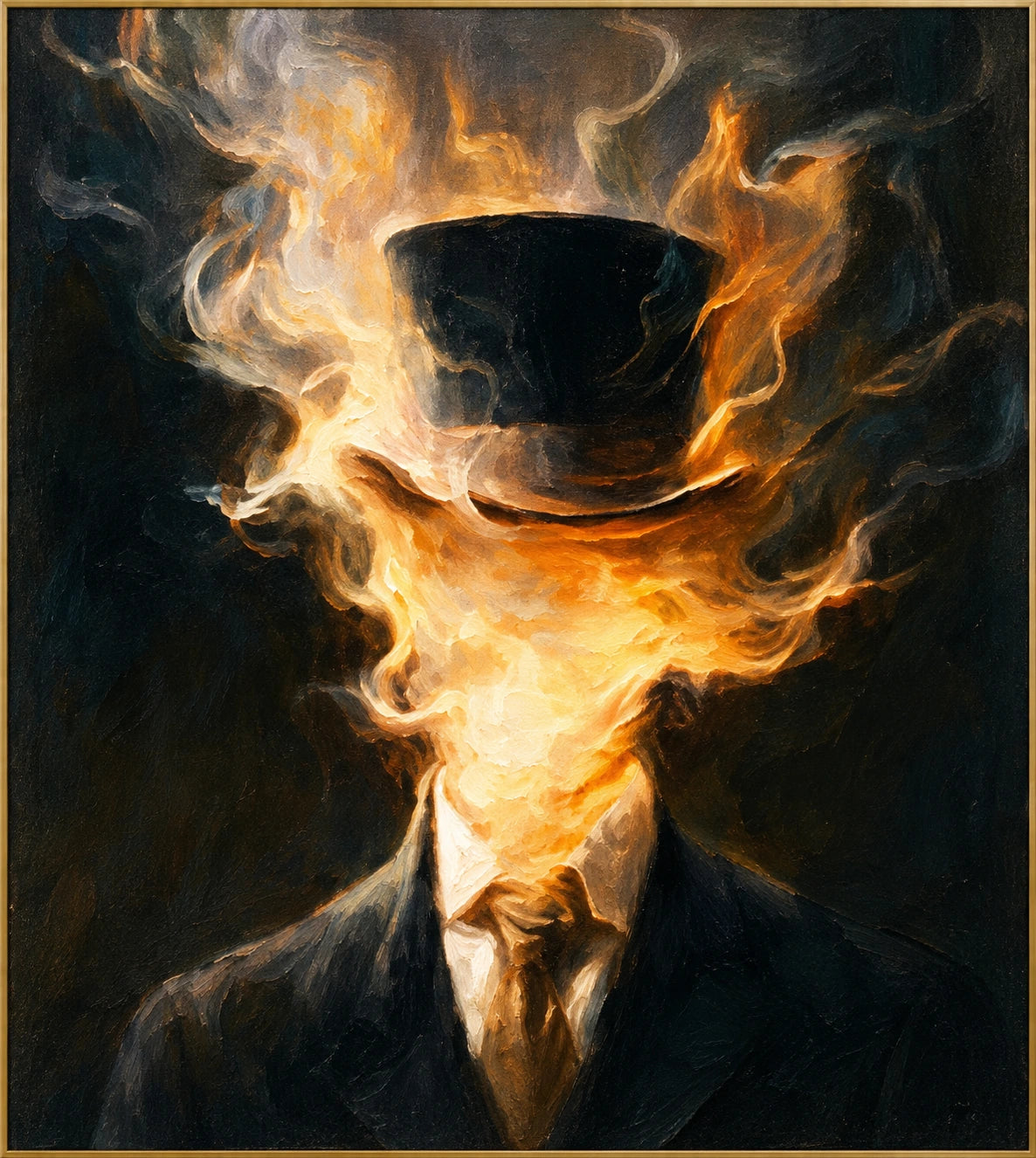 The Burning Gentleman | Hand-Painted Figurative Oil Painting | Complete artwork front view with narrow champagne gold fine frame