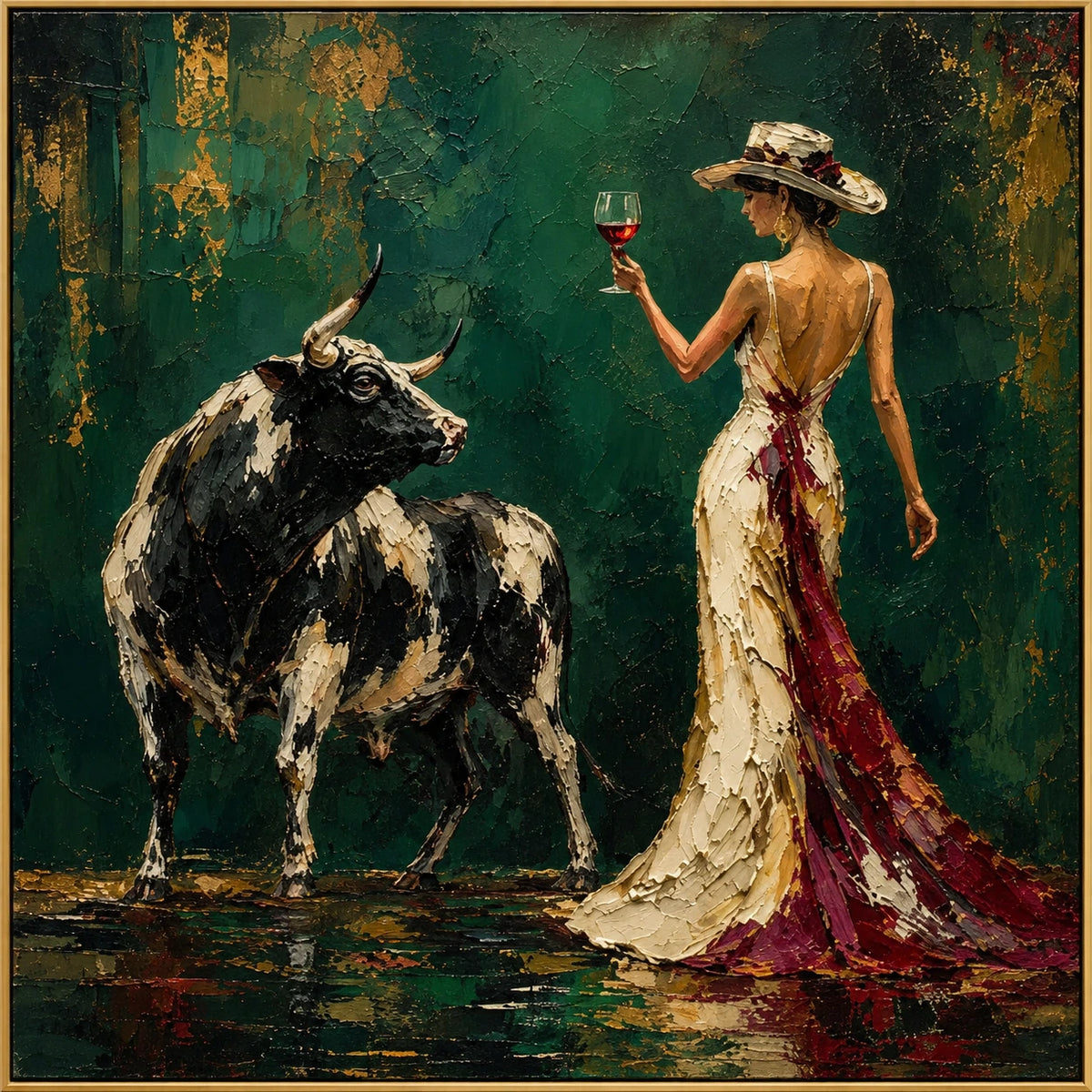 Face to Face | Hand-Painted Woman and Bull Oil Painting | Complete artwork front view with narrow champagne gold fine frame