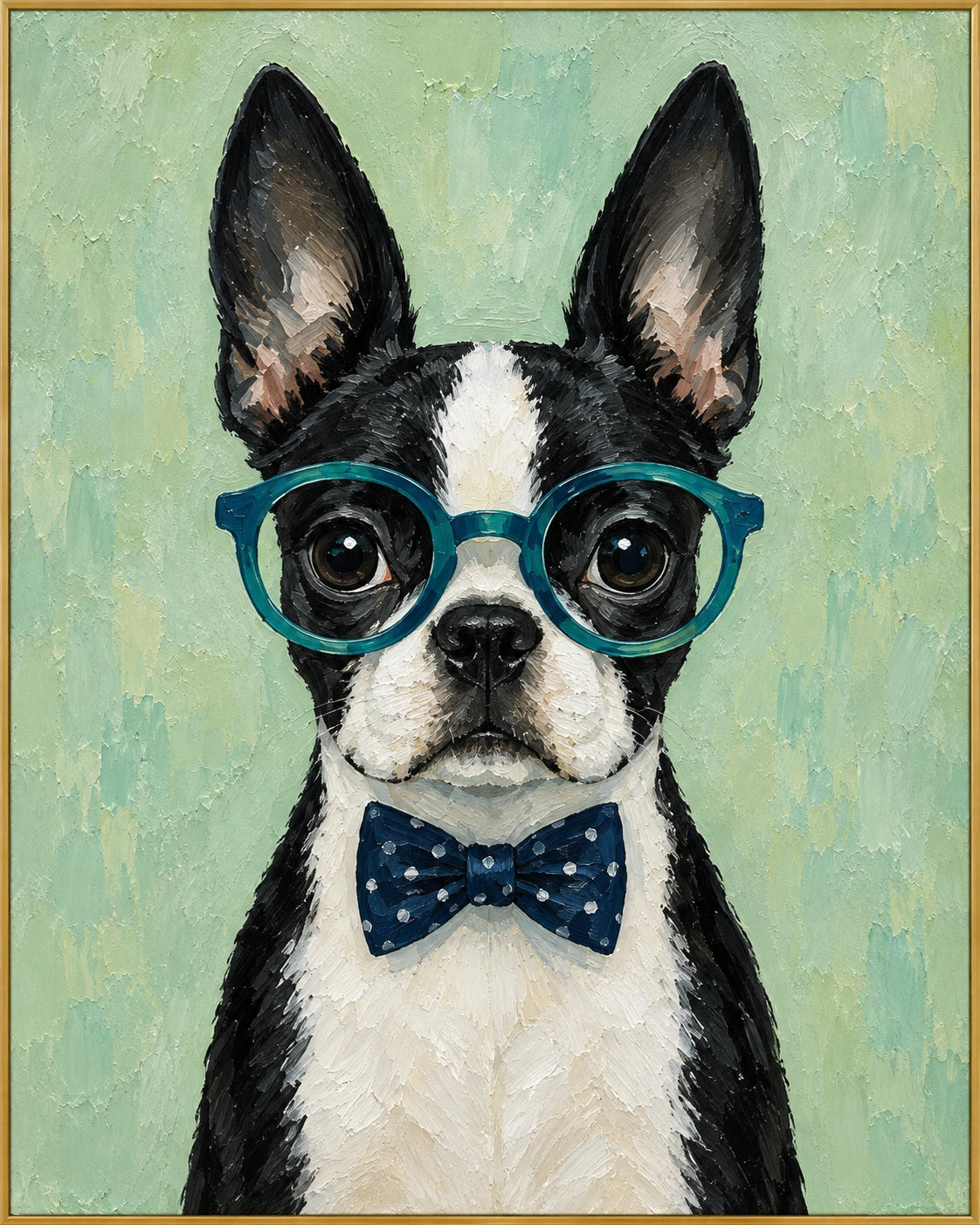 Teal Spectacles | Hand-Painted Pet Portrait Oil Painting | Complete artwork front view with narrow champagne gold fine frame