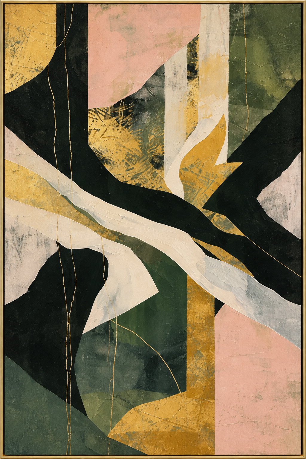 Entanglement | Hand-Painted Abstract Oil Painting | Complete painting, narrow champagne bronze-gold frame, front view