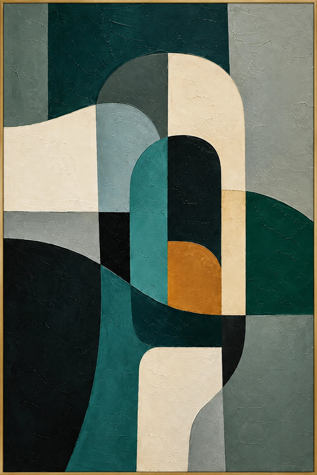 Verdigris | Hand-Painted Abstract Oil Painting | Complete artwork front view with narrow champagne gold fine frame