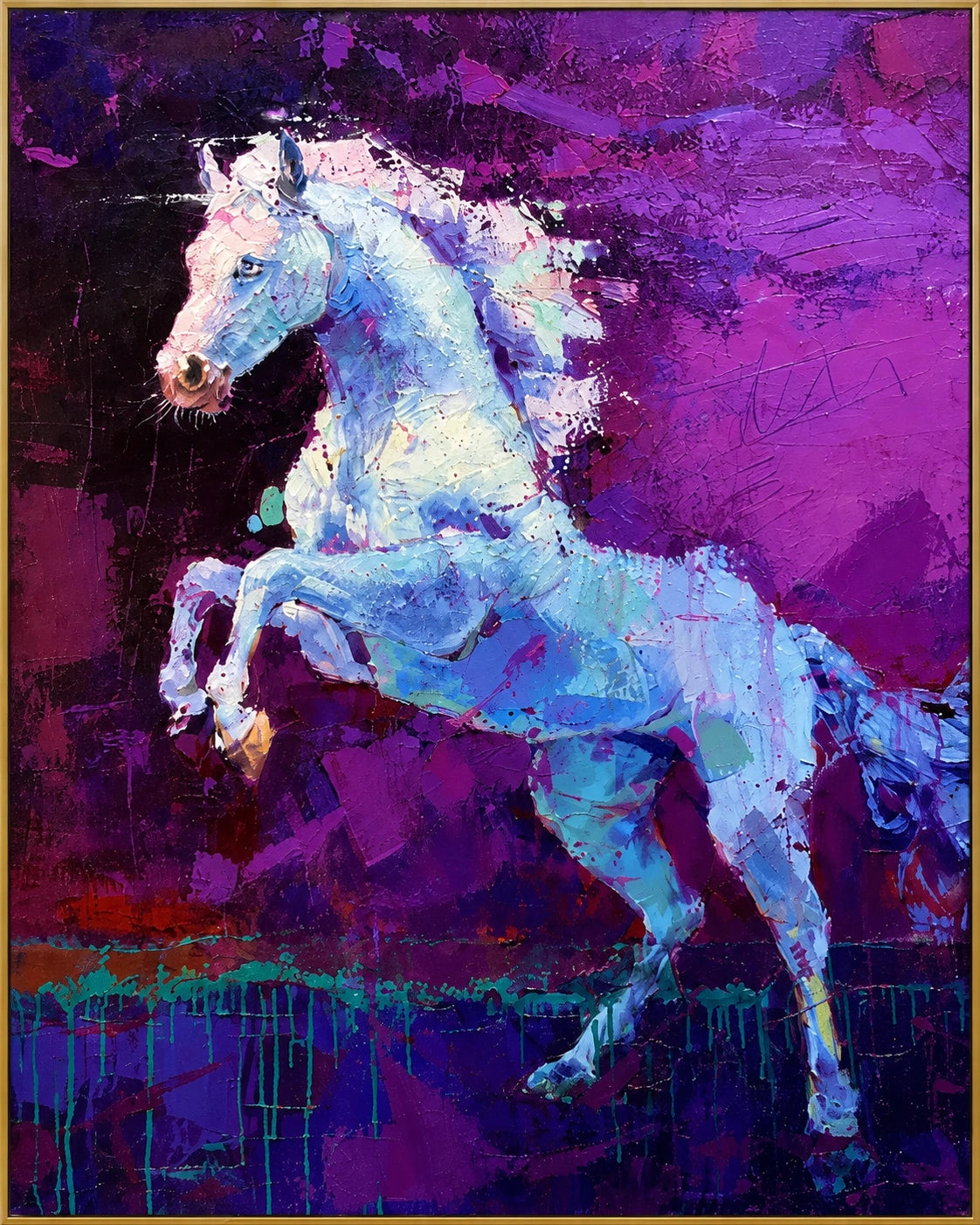 Violet Grace | Hand-Painted White Horse Oil Painting | Complete artwork front view with narrow champagne gold fine frame