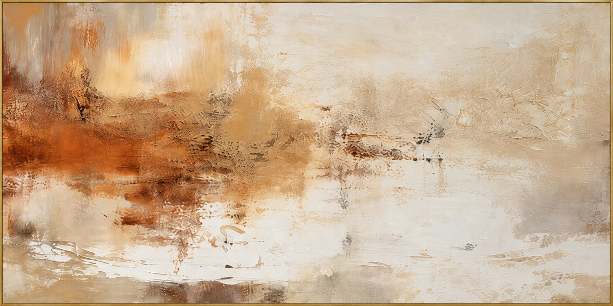 Apricot Horizon | Hand-Painted Abstract Landscape Oil Painting | Complete artwork front view with narrow champagne gold fine frame