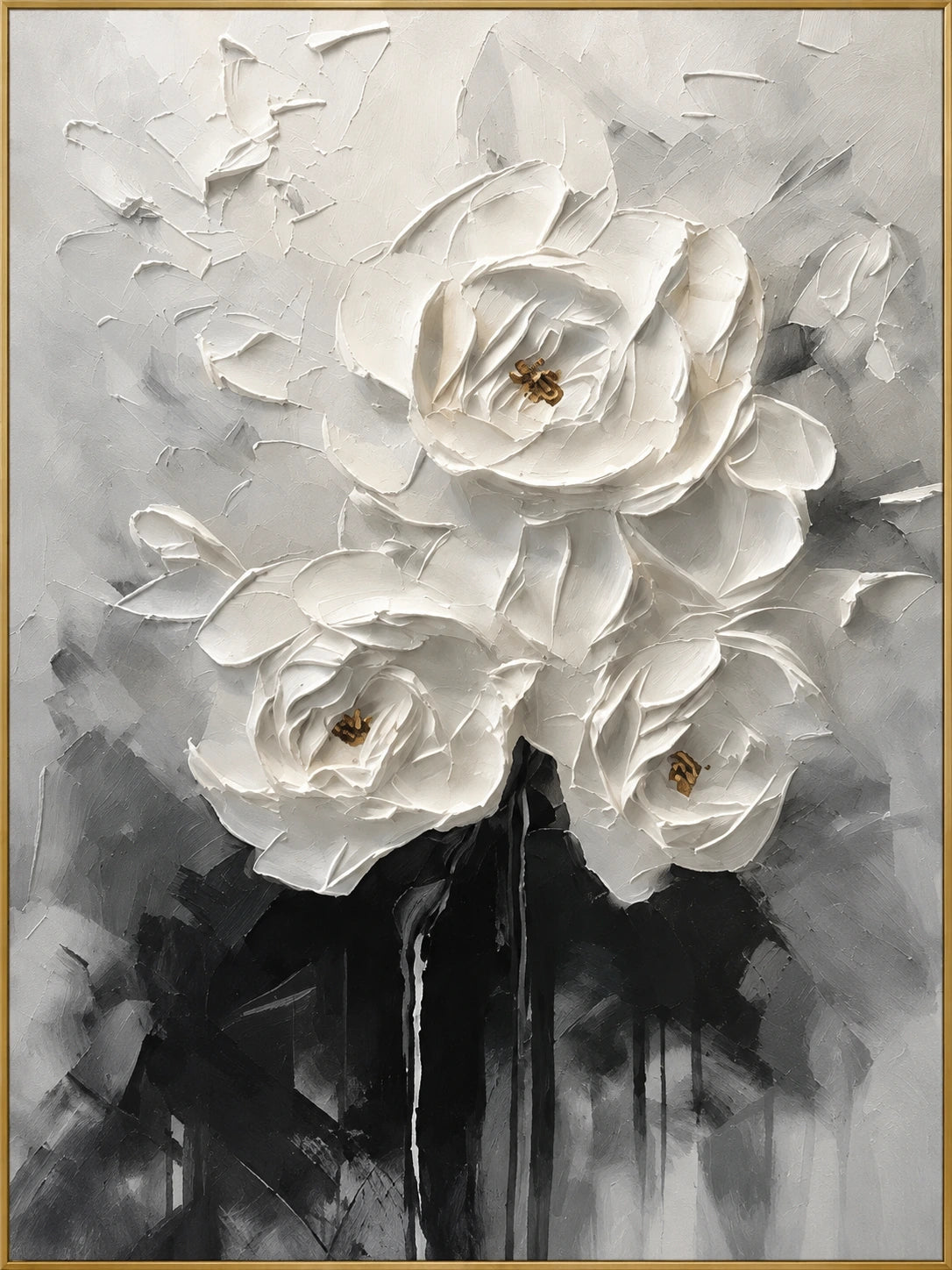 White Garden | Hand-Painted Floral Oil Painting | Complete artwork front view with narrow champagne gold fine frame
