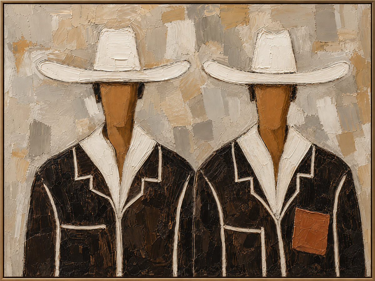 White Hat Company | Hand-Painted Western Group Portrait Oil Painting | Complete painting, narrow champagne bronze-gold frame, front view