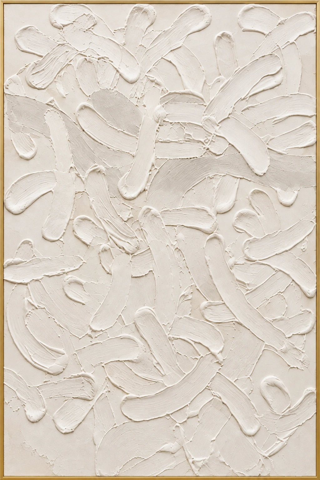 White Relief | Hand-Painted Abstract Oil Painting | Complete artwork front view with narrow champagne gold fine frame