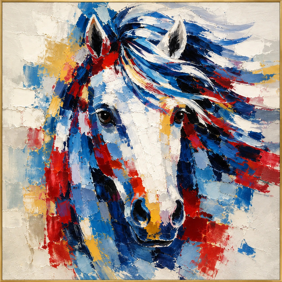 Chromatic Mane | Hand-Painted Horse Portrait Oil Painting | Complete artwork front view with narrow champagne gold fine frame