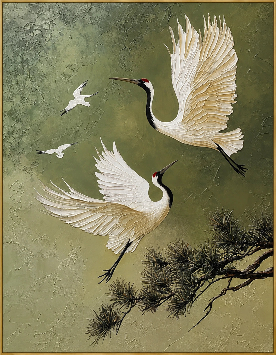 Crane Passage | Hand-Painted Wildlife Oil Painting | Complete artwork front view with narrow champagne gold fine frame