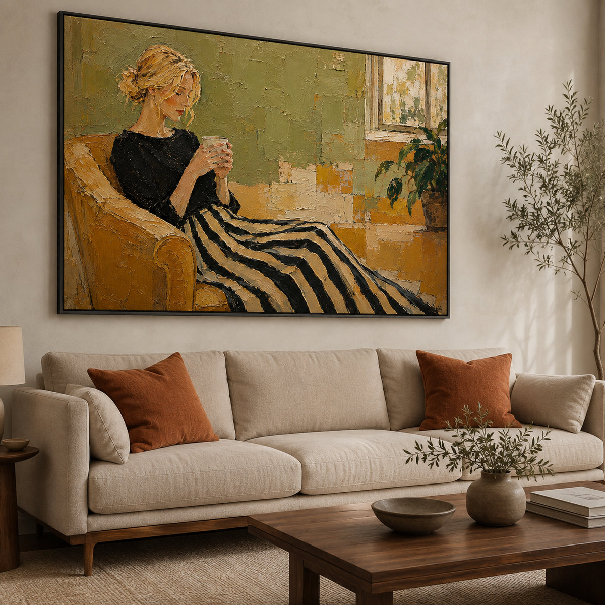 Slow Morning — Woman on a Striped Sofa oil painting, view 2