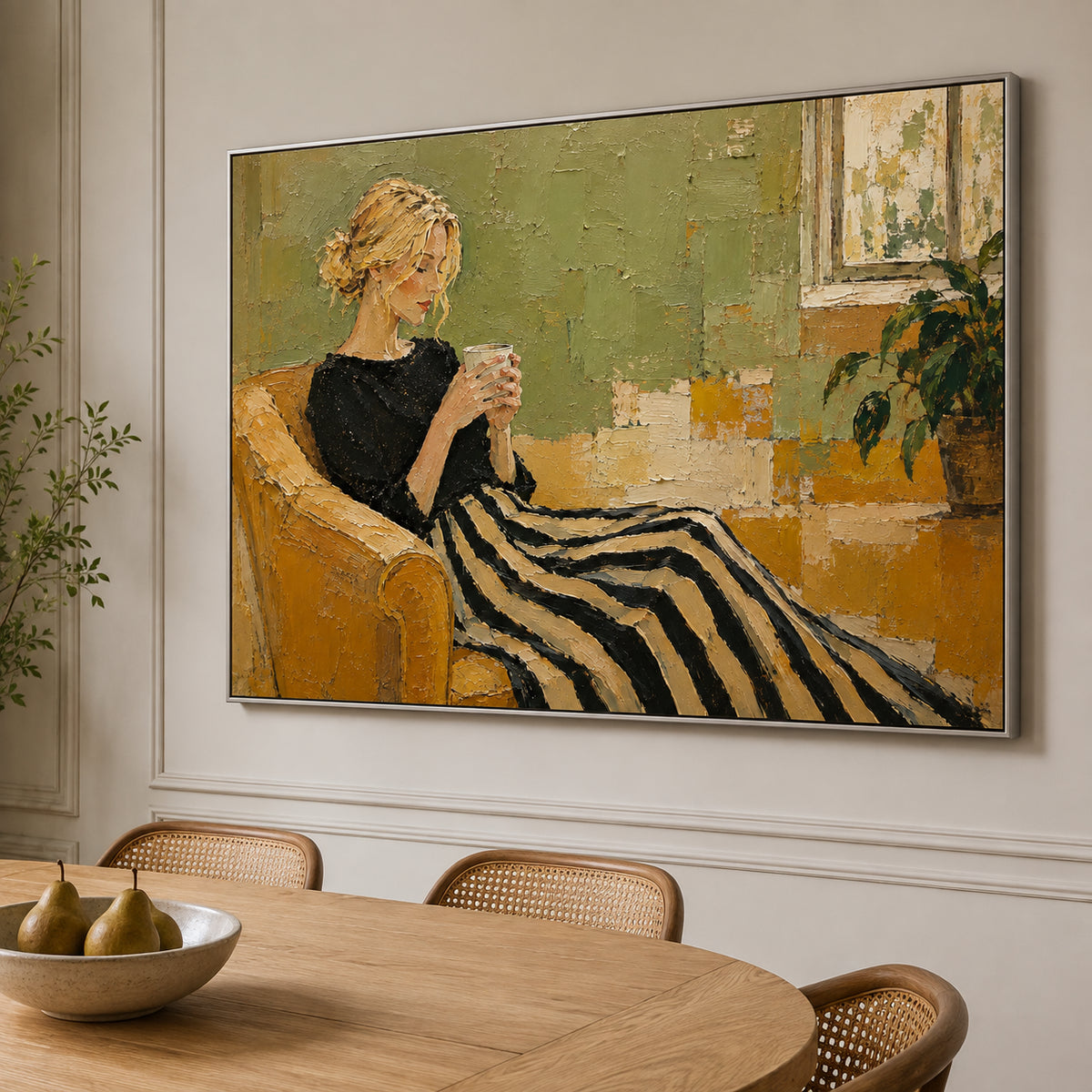 Slow Morning — Woman on a Striped Sofa oil painting, view 5