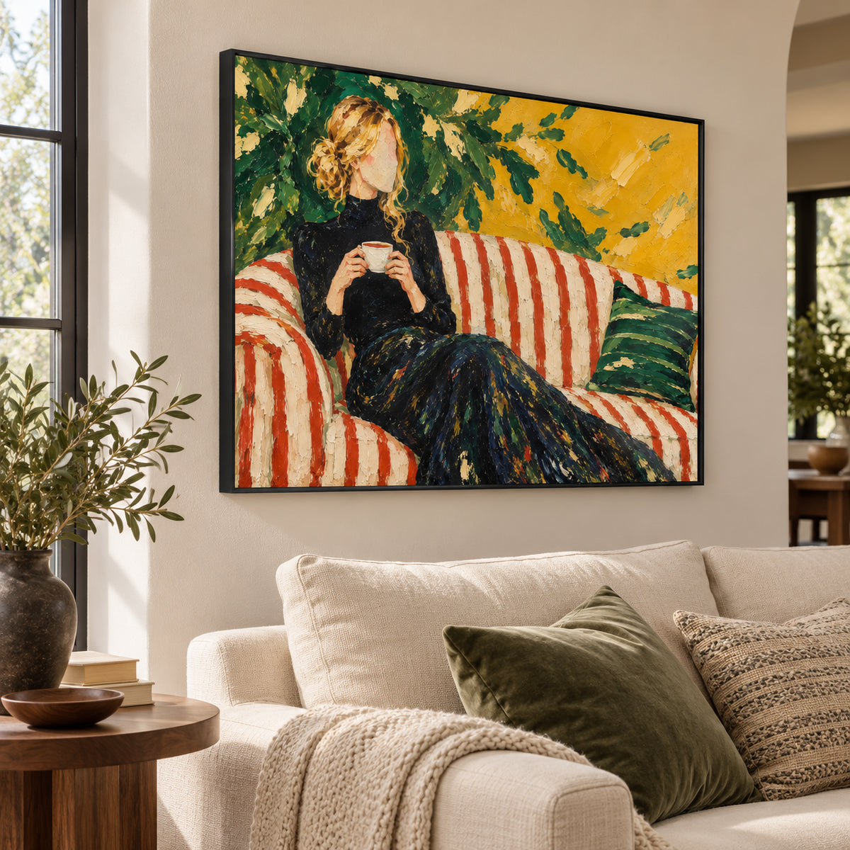 Striped Afternoon — Woman on a Striped Sofa oil painting, view 2
