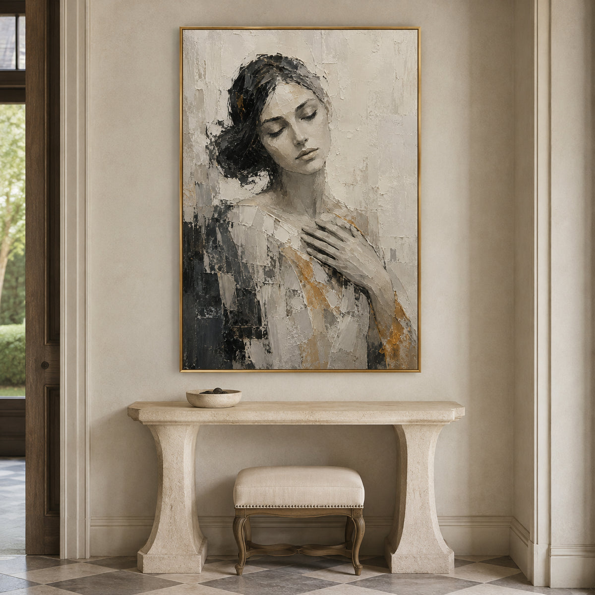 Graphite Muse — Monochrome Woman Portrait oil painting, view 4