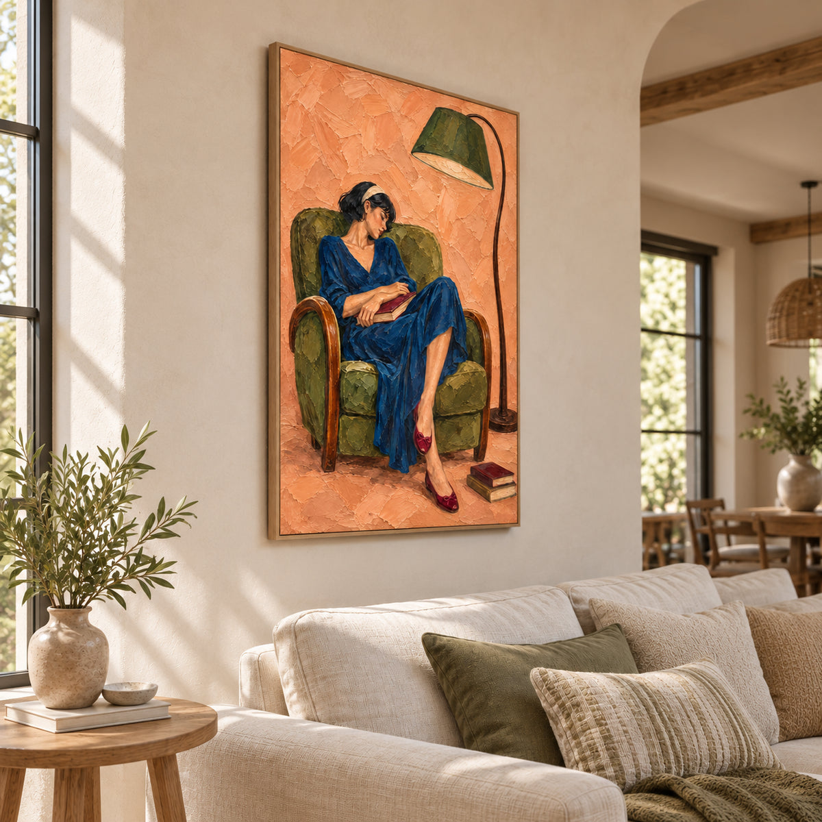 Reading Chair — Woman Reading in a Green Chair oil painting, view 2