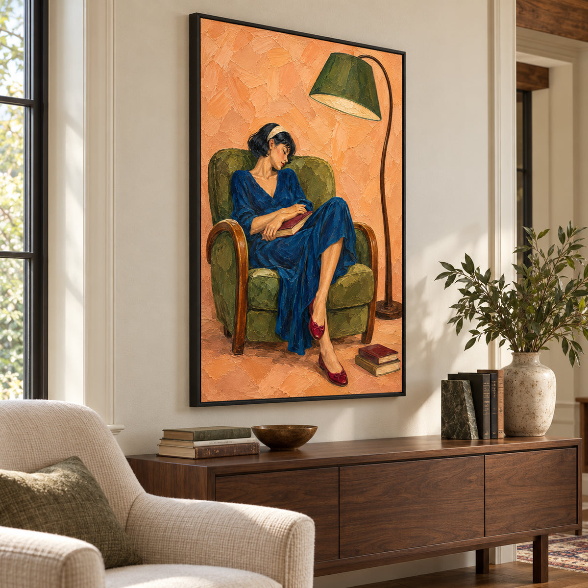 Reading Chair — Woman Reading in a Green Chair oil painting, view 3