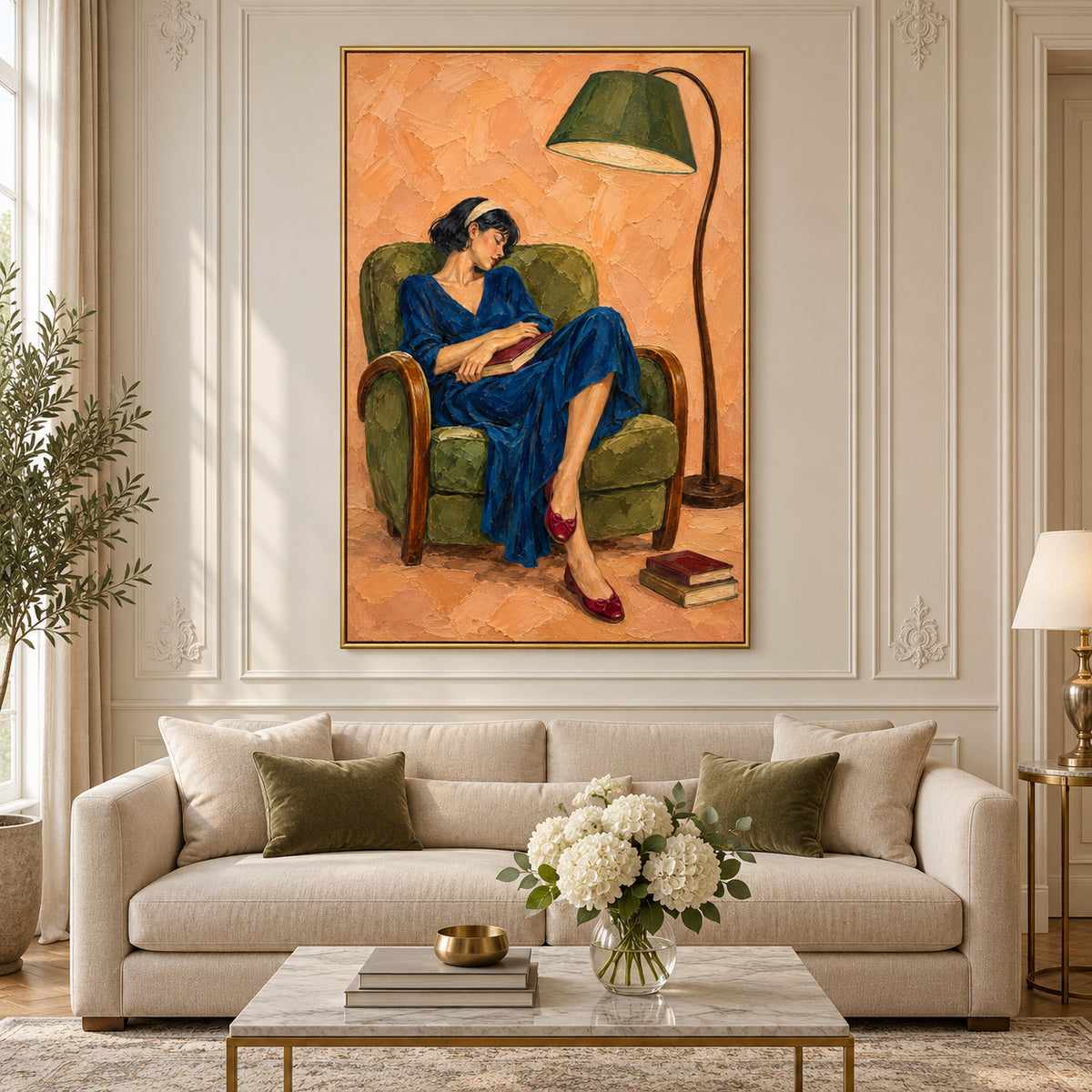 Reading Chair — Woman Reading in a Green Chair oil painting, view 4