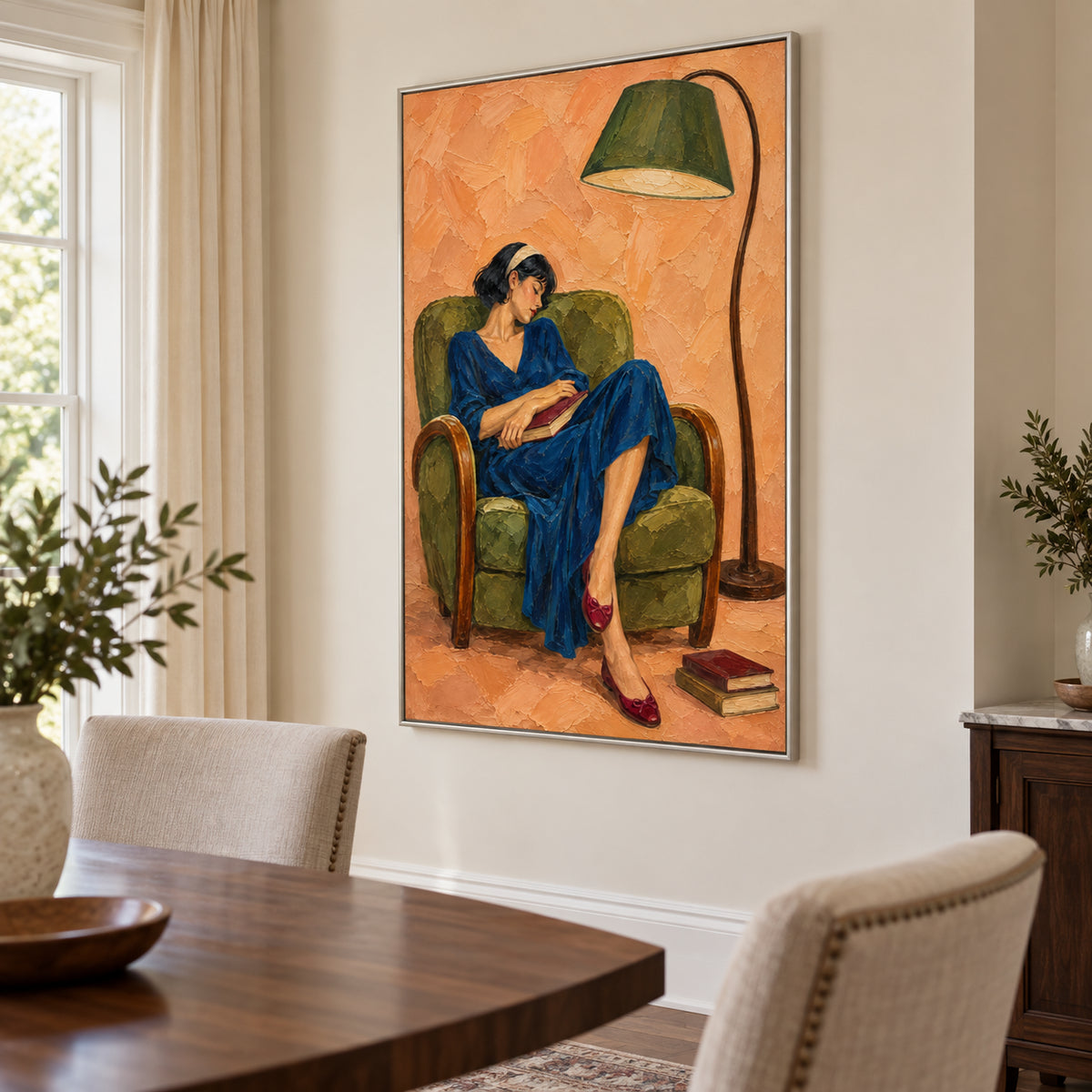 Reading Chair — Woman Reading in a Green Chair oil painting, view 5