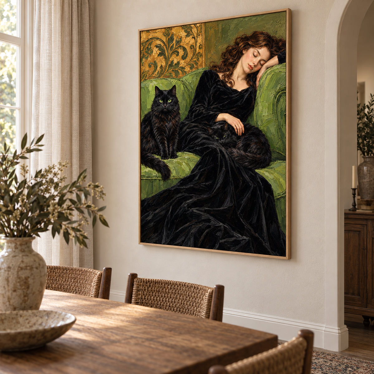 Velvet Dreams — Woman with a Black Cat oil painting, view 3