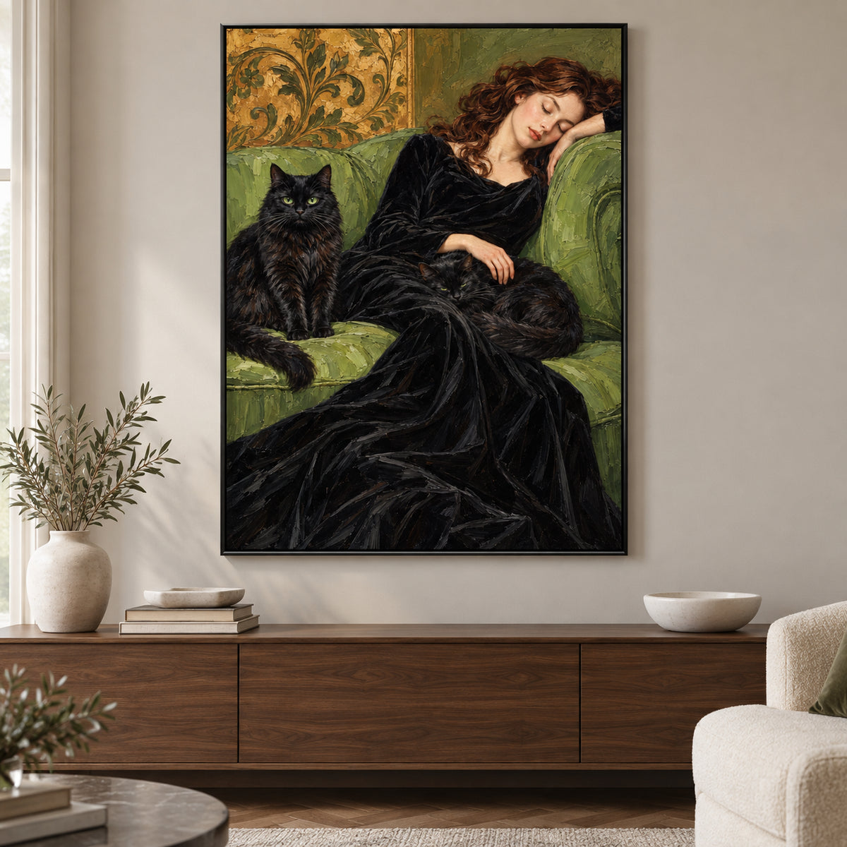 Velvet Dreams — Woman with a Black Cat oil painting, view 6