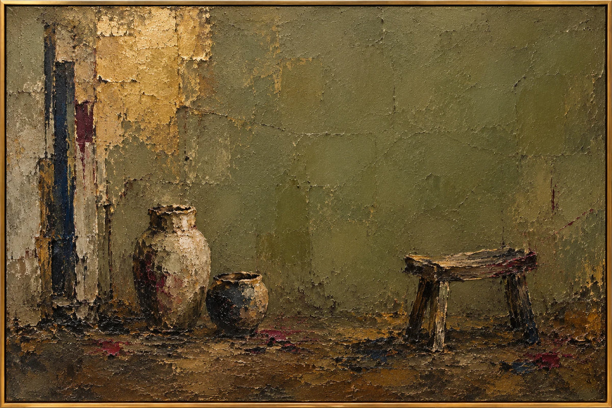 Olive Stillness, an olive and gold textured still life with two ceramic vessels and a low wooden stool in a narrow gold frame