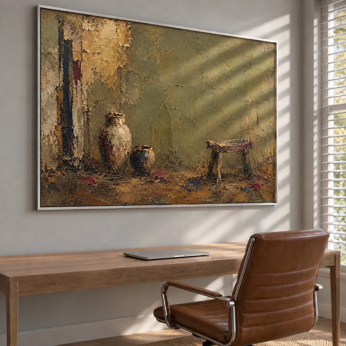 Olive Stillness in a silver frame above a desk, viewed from the left in a sunlit study