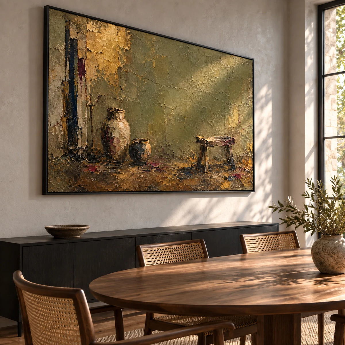 Olive Stillness in a black frame in a dining room, viewed from the left