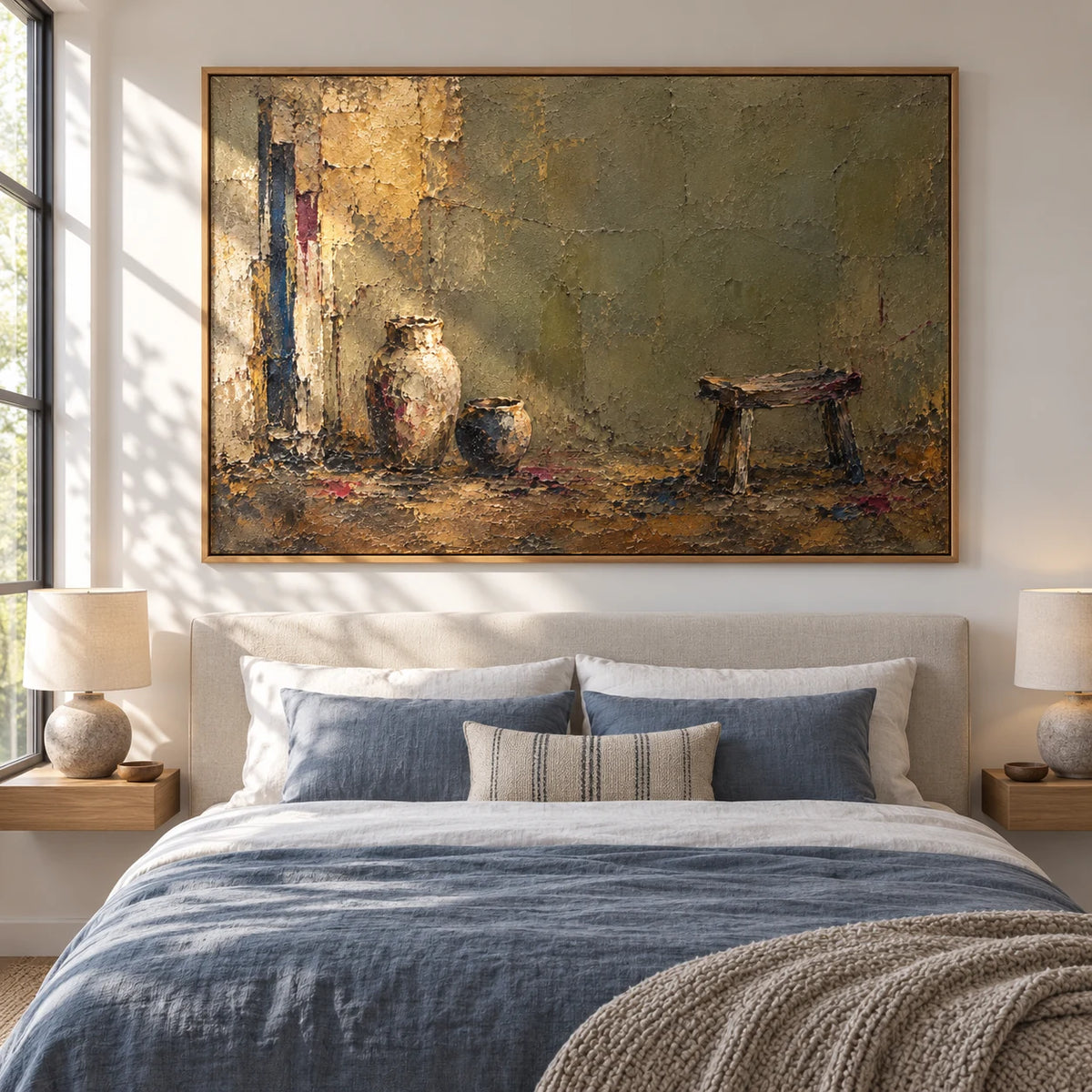 Front view of Olive Stillness above a bed in a naturally lit bedroom