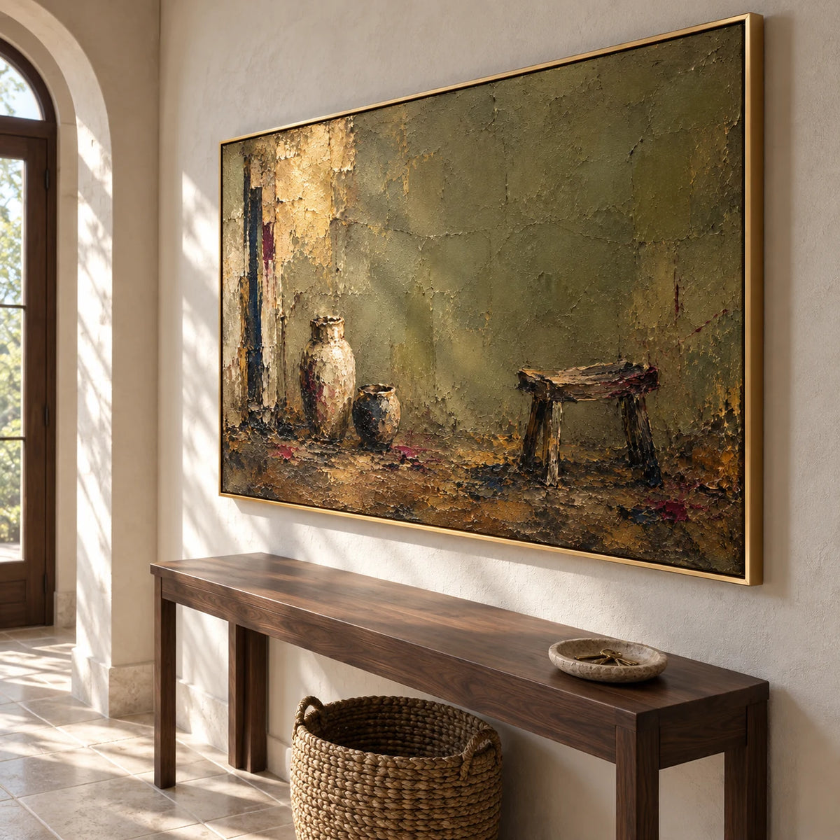 Olive Stillness above a wooden console in a sunlit entryway, viewed from the right
