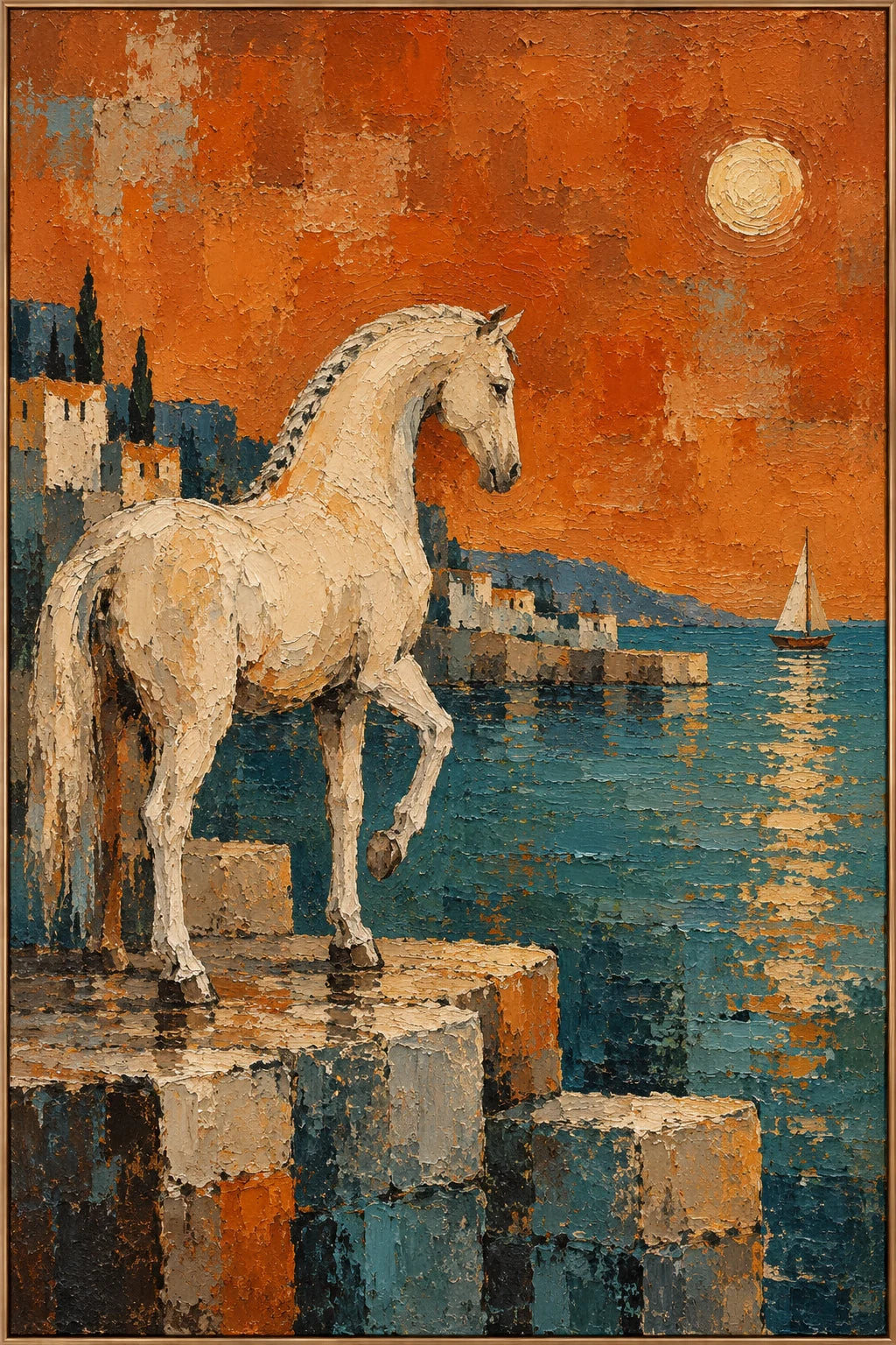 Ember Tide, a textured white horse beside a teal bay beneath an orange sky and pale moon, in a narrow gold frame