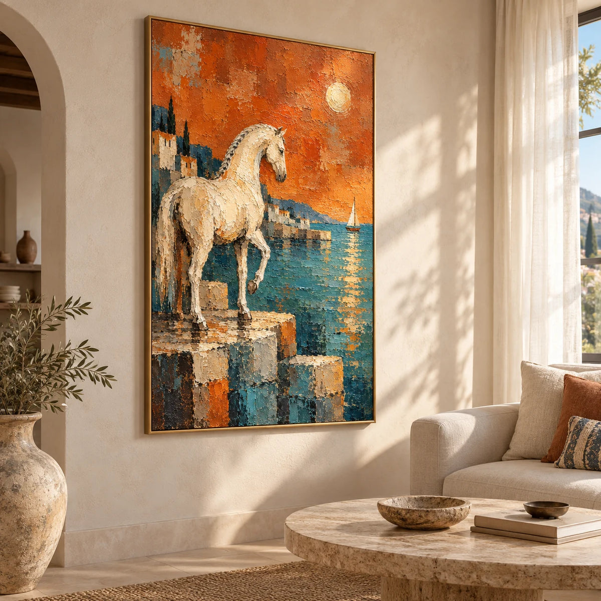 Ember Tide in a gold frame in a sunlit Mediterranean living room, viewed from the left